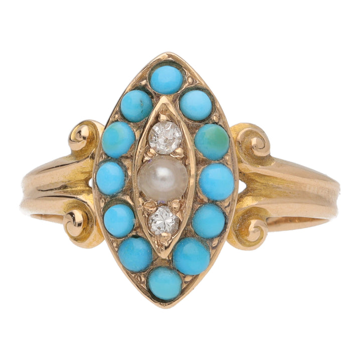 Pre-Owned Turquoise Diamond and Pearl 15ct Yellow Gold Ring