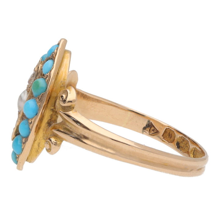 Pre-Owned Turquoise Diamond and Pearl 15ct Yellow Gold Ring