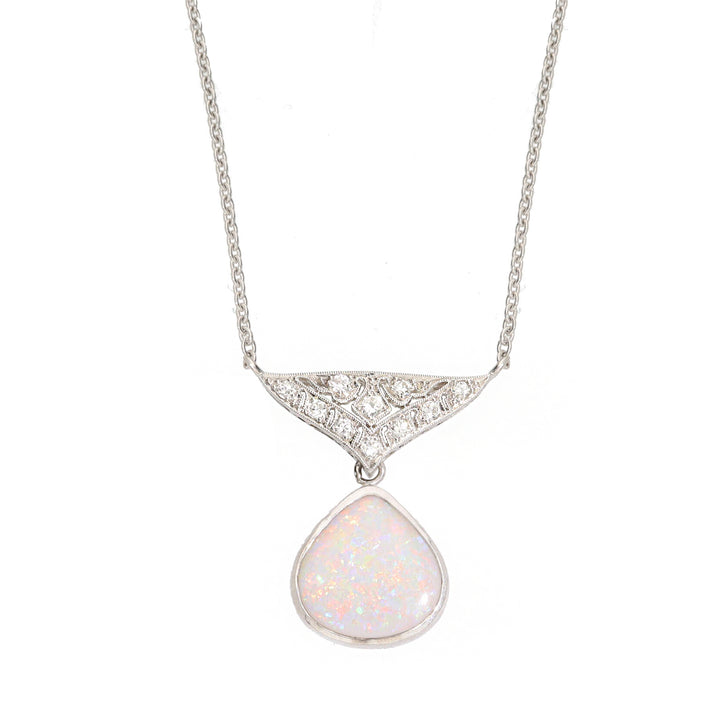 Pre-Owned Opal and Diamond Platinum Drop Necklace