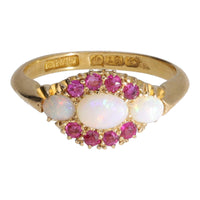 Pre-Owned Opal and Ruby 18ct Yellow Gold Three Stone Ring - Michael Jones Jeweller