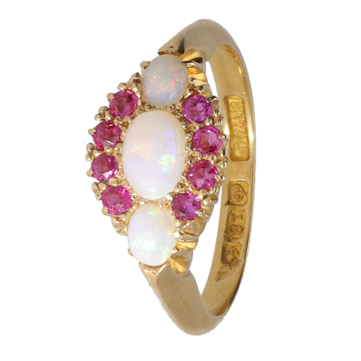 Pre-Owned Opal and Ruby 18ct Yellow Gold Three Stone Ring - Michael Jones Jeweller
