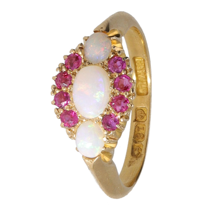 Pre-Owned Opal and Ruby 18ct Yellow Gold Three Stone Ring