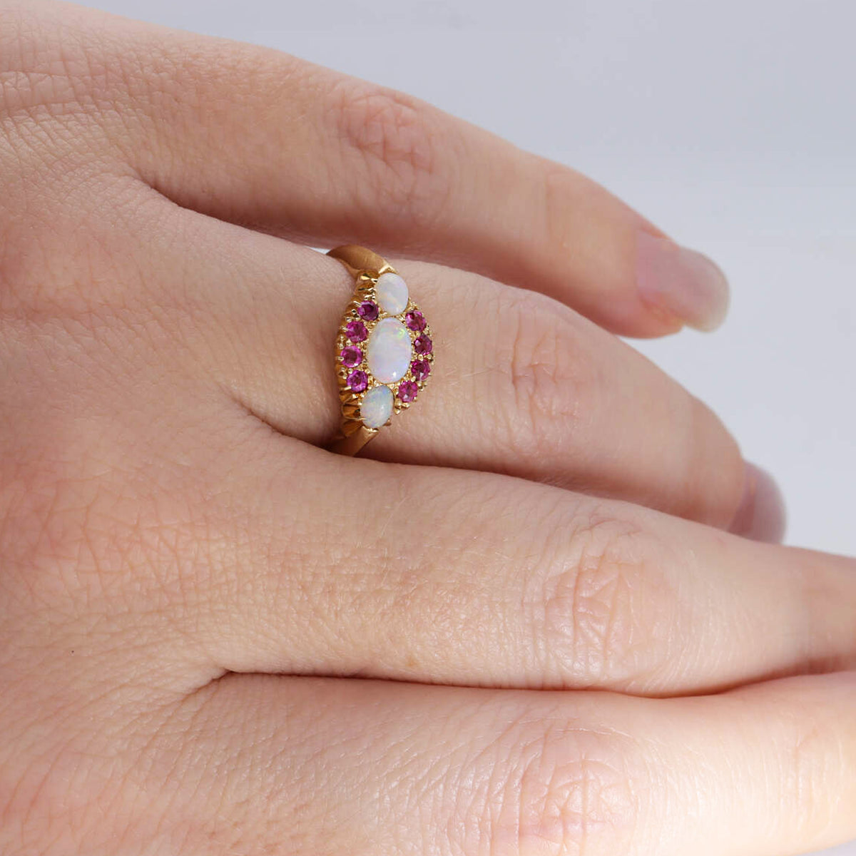 Pre-Owned Opal and Ruby 18ct Yellow Gold Three Stone Ring - Michael Jones Jeweller