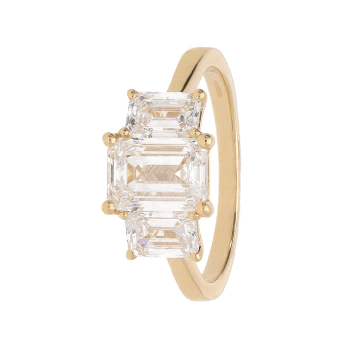 Emerald Cut Laboritory Grown Diamond 18ct Yellow GOld Three Stone Ring