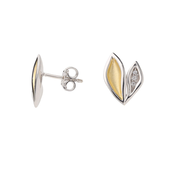 Double Leaf Cubic Zirconia Silver Yellow Gold Plated Stud Earrings