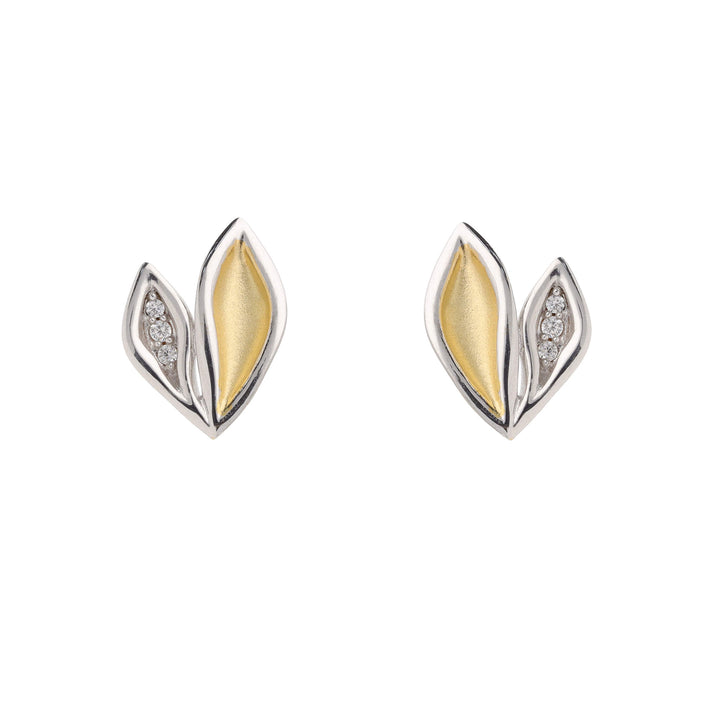 Double Leaf Cubic Zirconia Silver Yellow Gold Plated Stud Earrings - Michael Jones Jeweller