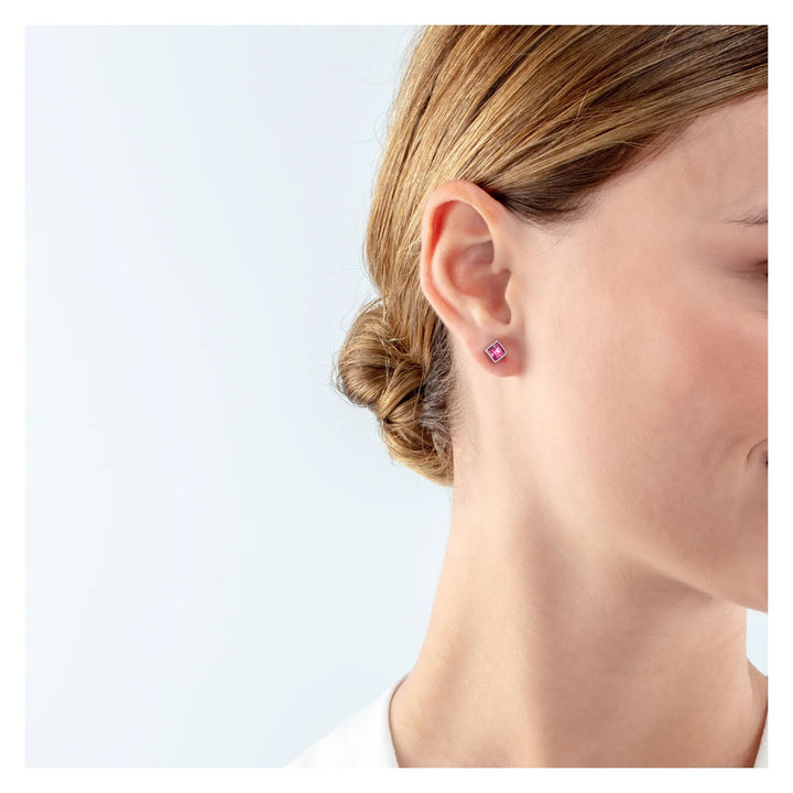 Coeur de Lion Brilliant Square Small Stud Earrings Silver-Pink
