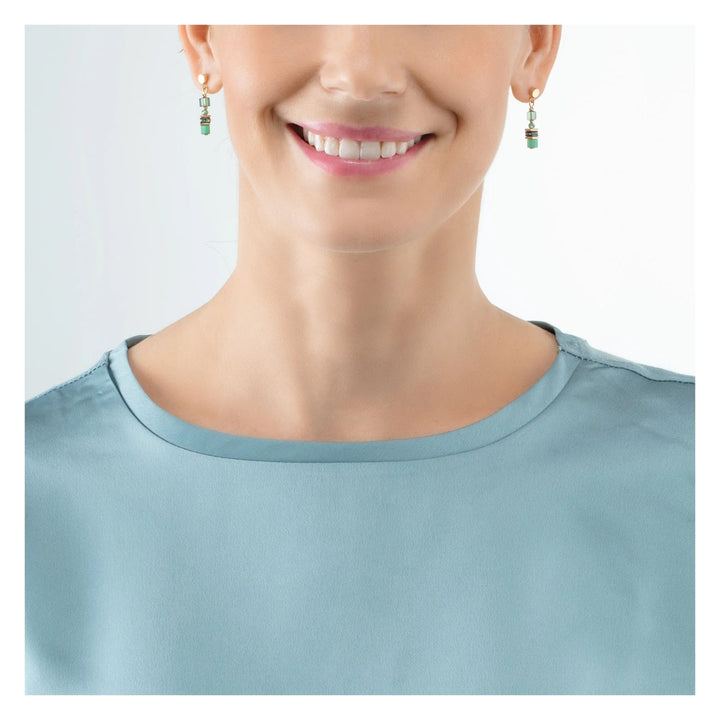 Coeur de Lion Mini Cubes Drop Earrings Green-Gold