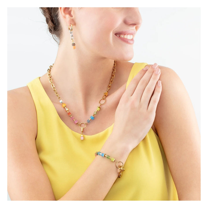 Coeur de Lion Fusion Charm Cube Necklace Gold-Rainbow