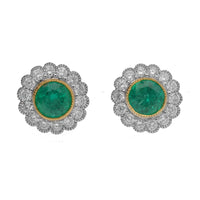 Emerald and Diamond Scalloped 18ct Yellow and White Gold Cluster Earrings - Michael Jones Jeweller