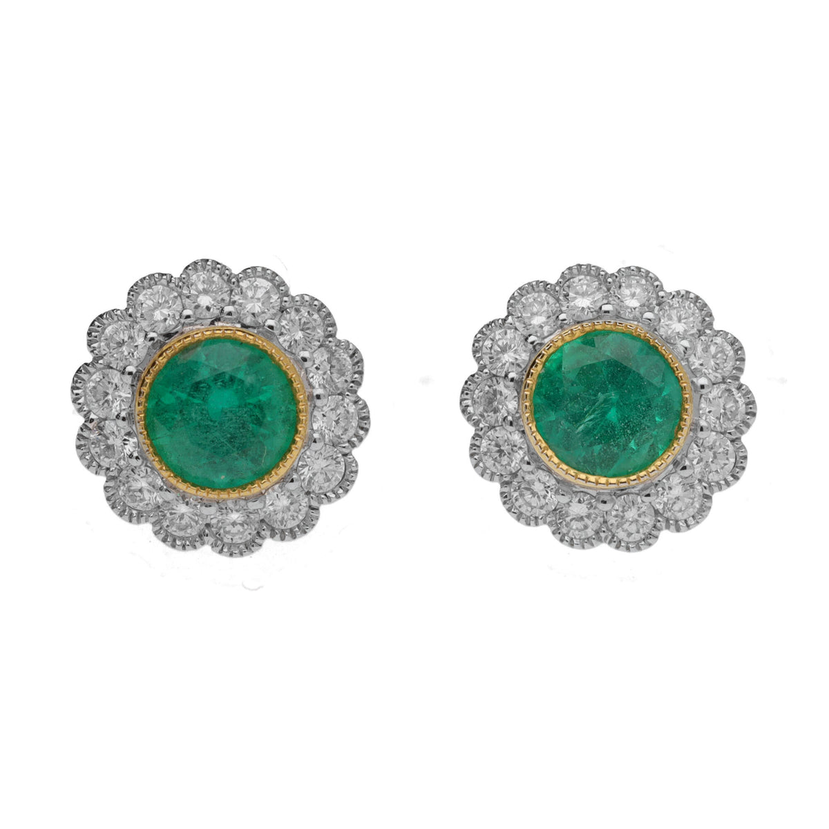 Emerald and Diamond Scalloped 18ct Yellow and White Gold Cluster Earrings - Michael Jones Jeweller