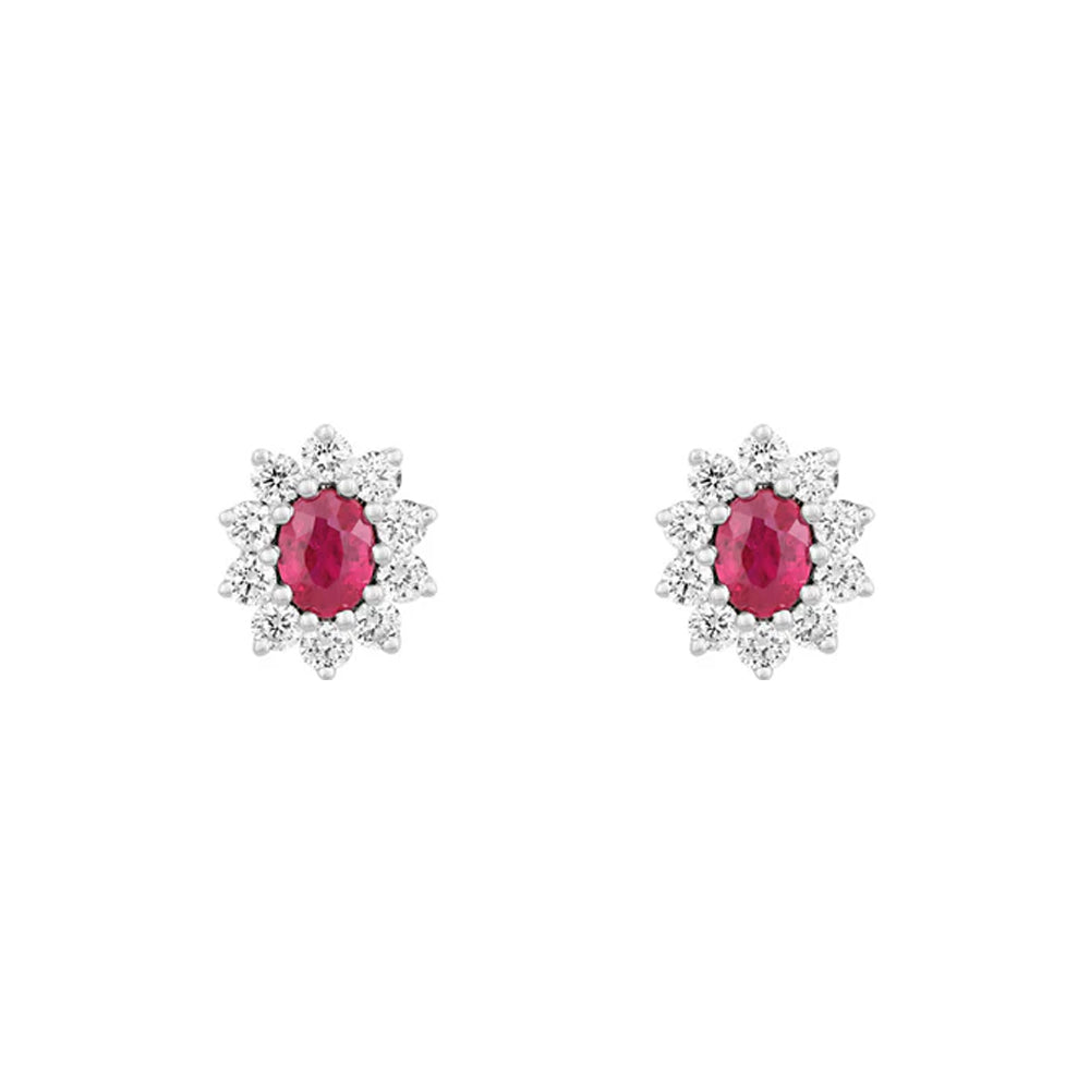 Ruby and Diamond 18ct White Gold Oval Cluster Earrings - Michael Jones Jeweller