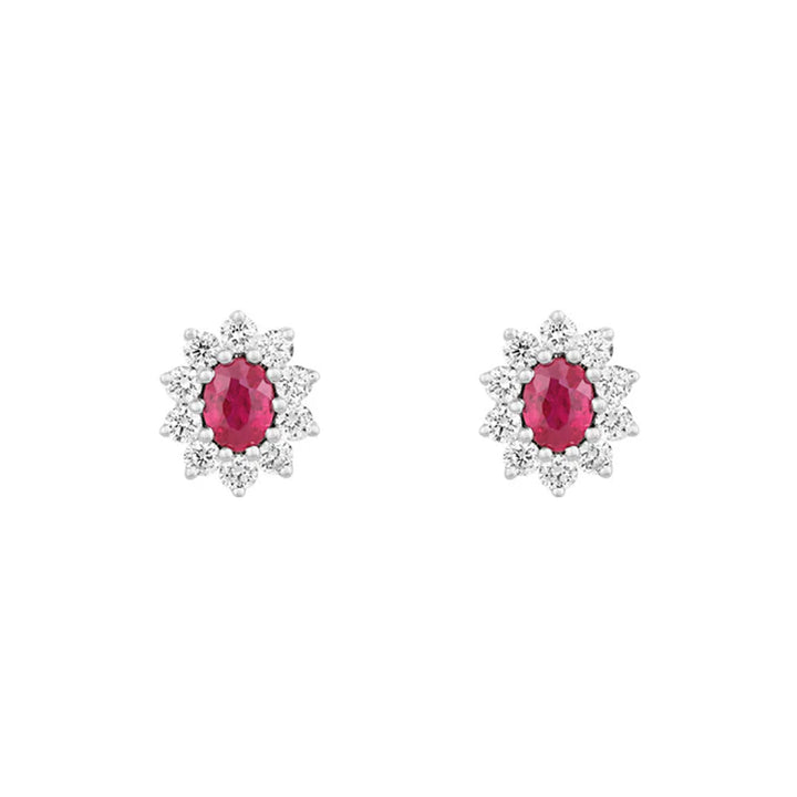 Ruby and Diamond 18ct White Gold Oval Cluster Earrings