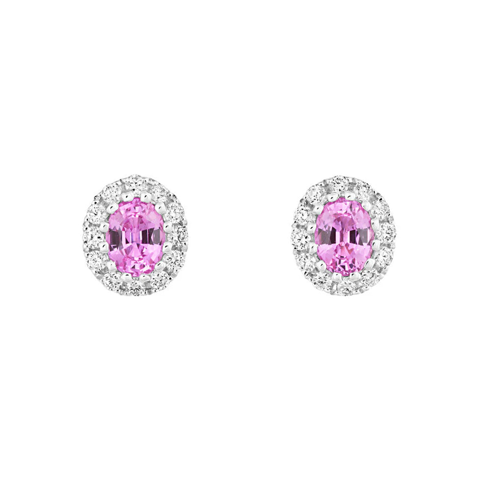 Pink Sapphire and Diamond 18ct White Gold Oval Cluster Earrings - Michael Jones Jeweller