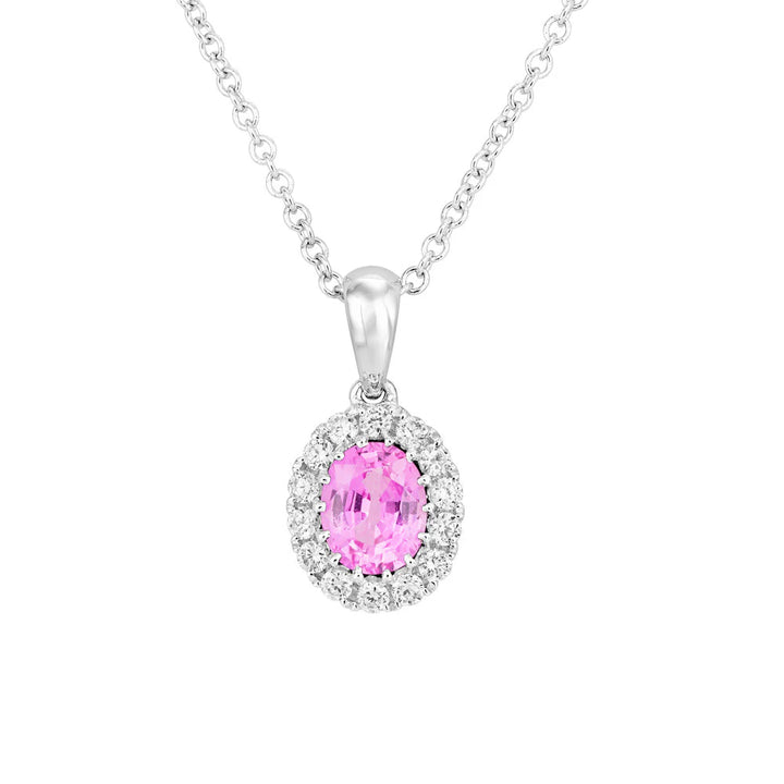 Pink Sapphire and Diamond 18ct White Gold Oval Cluster Necklace