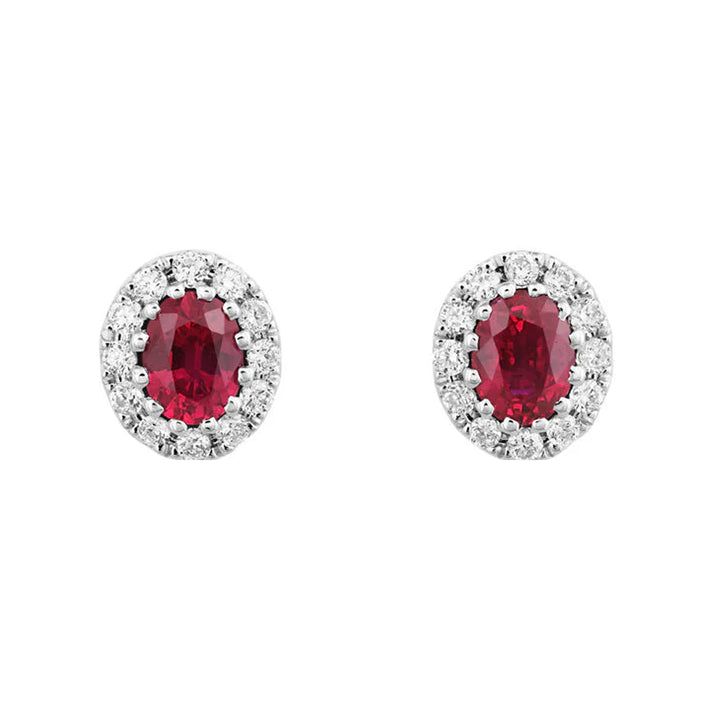 Ruby and Diamond 18ct White Gold Oval Cluster Stud Earrings
