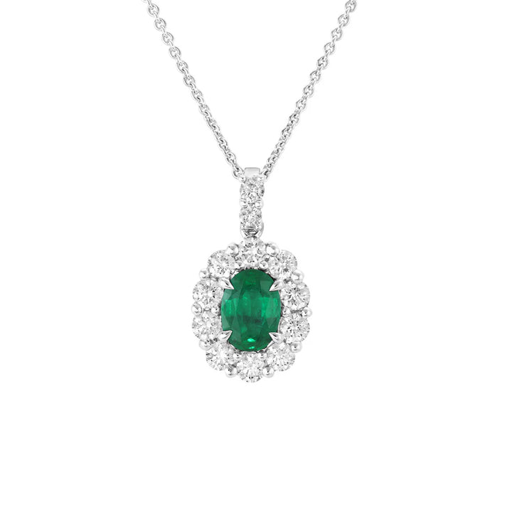 Emerald and Diamond 18ct White Gold Oval CLuster Necklace