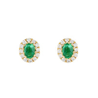 Emerald and Diamond 18ct Yellow Gold Oval Cluster Stud Earrings