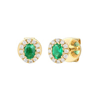 Emerald and Diamond 18ct Yellow Gold Oval Cluster Stud Earrings