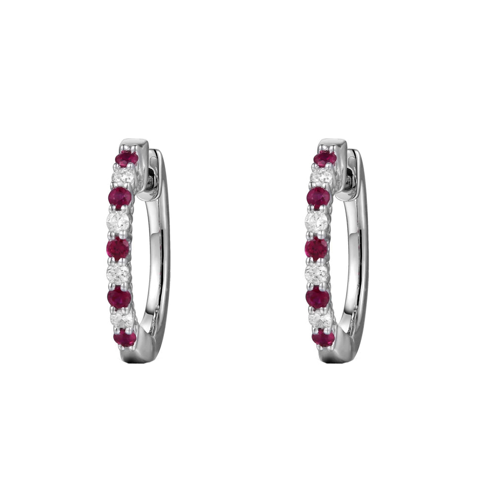 Ruby and Diamond 18ct White Gold Hoop Earrings - Michael Jones Jeweller