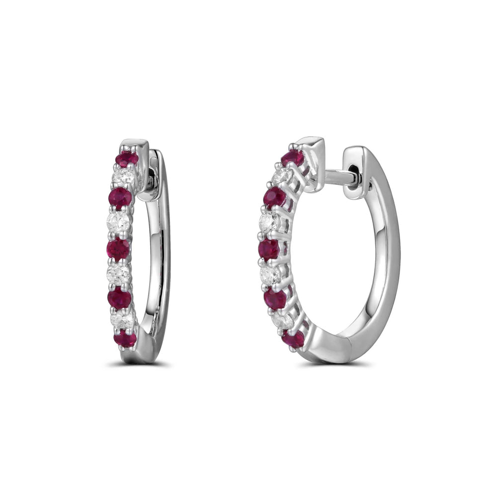 Ruby and Diamond 18ct White Gold Hoop Earrings - Michael Jones Jeweller