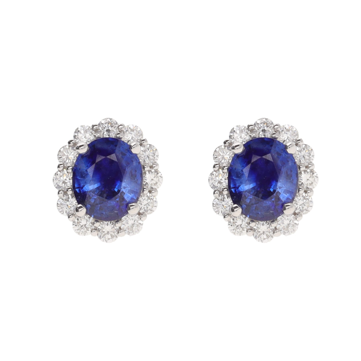 Sapphire and Diamond 18ct White Gold Oval Cluster Stud Earrings - Michael Jones Jeweller
