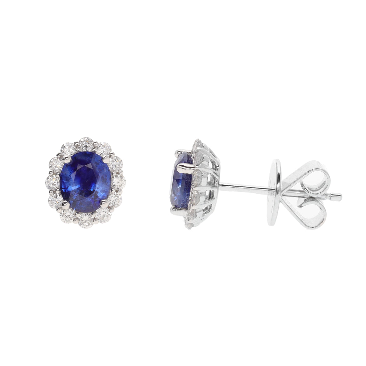 Sapphire and Diamond 18ct White Gold Oval Cluster Stud Earrings - Michael Jones Jeweller
