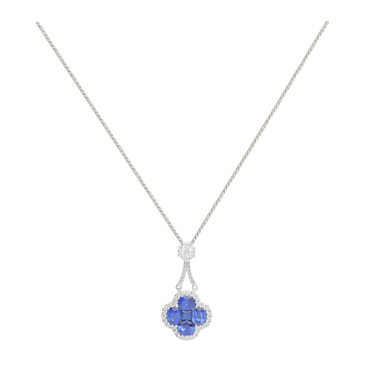Sapphire and Diamond 18ct White Gold Cluster Drop Necklace - Michael Jones Jeweller