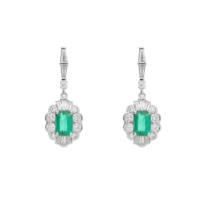 Colombian Emerald 0.88ct and Diamond 18ct White Gold Drop Earrings - Michael Jones Jeweller