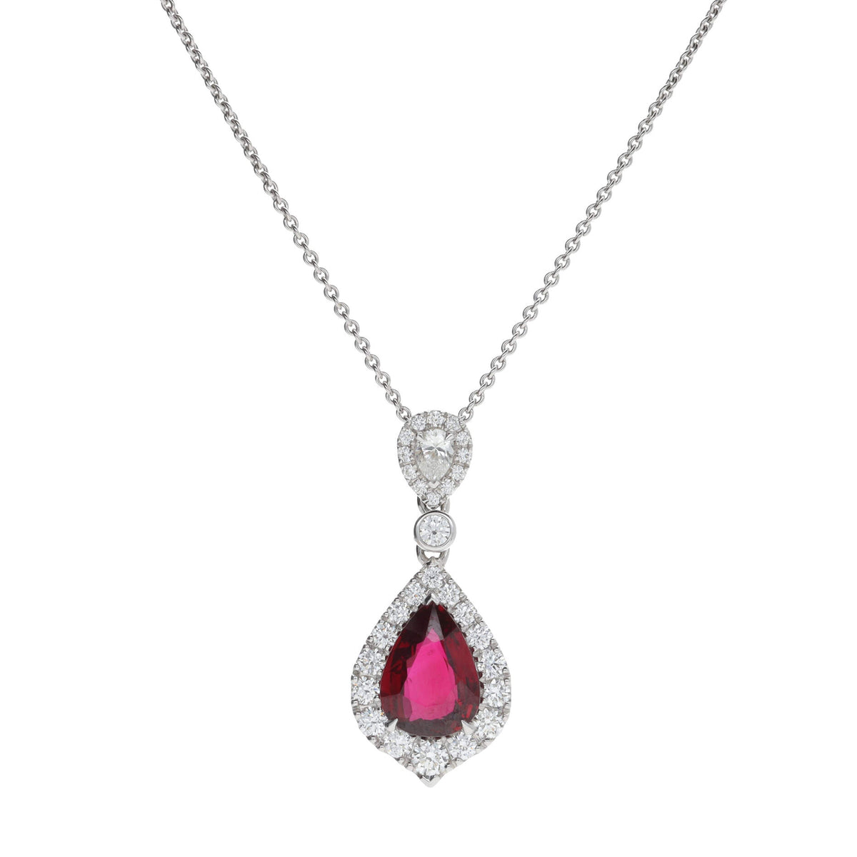 Mozambique Ruby and Diamond 18ct White Gold Pear Cluster Drop Necklace - Michael Jones Jeweller