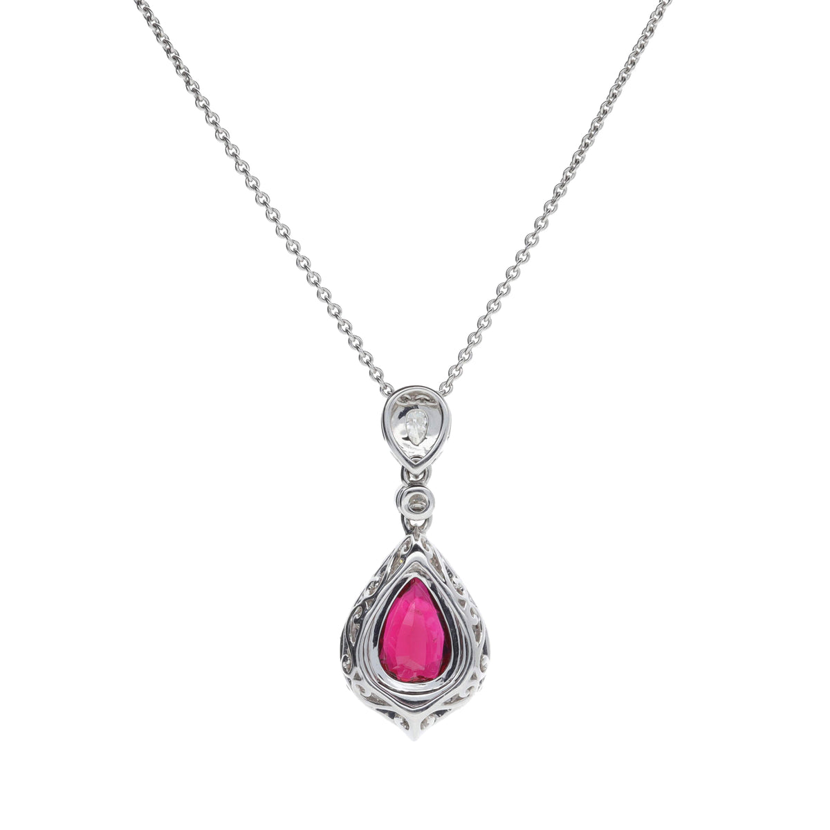Mozambique Ruby and Diamond 18ct White Gold Pear Cluster Drop Necklace - Michael Jones Jeweller