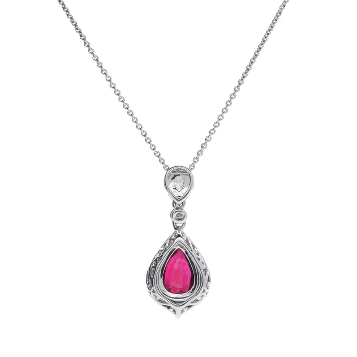 Mozambique Ruby and Diamond 18ct White Gold Pear Cluster Drop Necklace