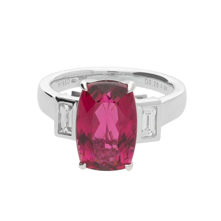 Rubellite and Diamond Three Stone Platinum Ring - Michael Jones Jeweller