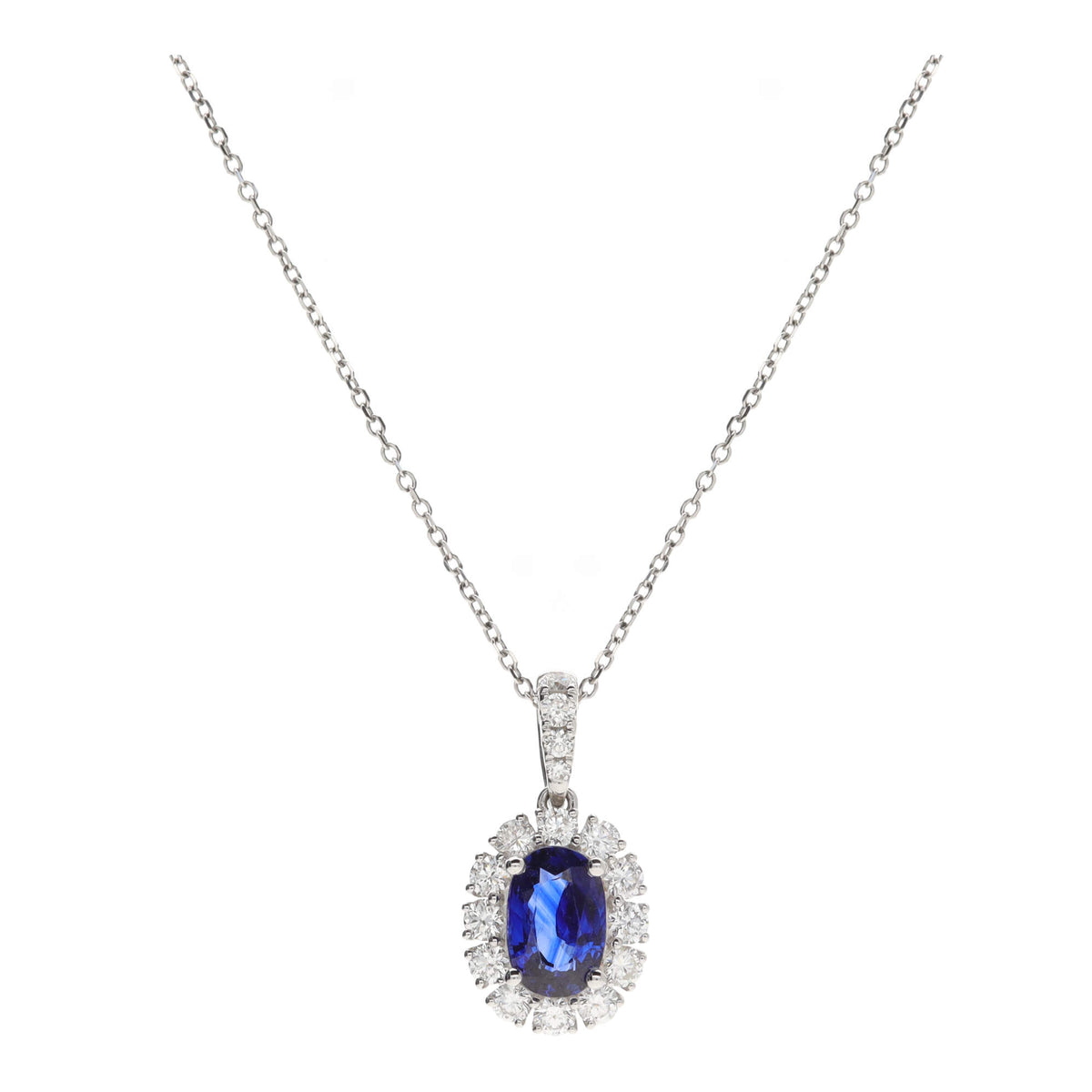 Sapphire and Diamond 18ct White Gold Oval Cluster Drop Necklace - Michael Jones Jeweller