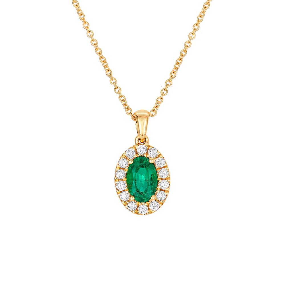 Emerald and Diamond 18ct Yellow Gold Oval Cluster Necklace - Michael Jones Jeweller