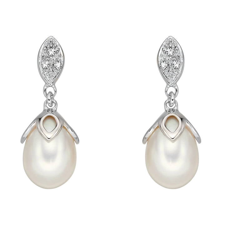 Diamond and Freshwater Pearl 9ct White Gold Drop Earrings