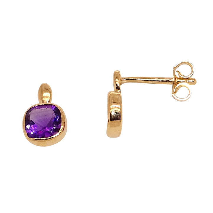 Cushion Shape Amethyst 9ct Yellow Gold Stud Earrings