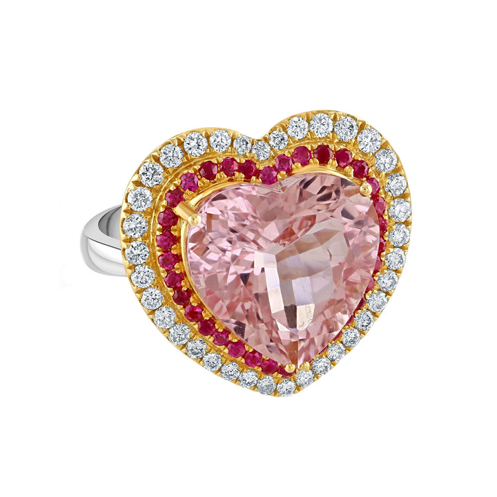Morganite Ruby and Diamond 18ct White and Rose Gold Heart Ring - Michael Jones Jeweller
