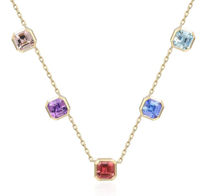 Multi Gemstone 9ct Yellow Gold Station Necklace