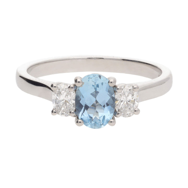 Aquamarine and Diamond 18ct White Gold Oval Three Stone Ring - Michael Jones Jeweller