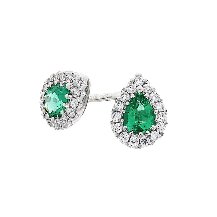Emerald and Diamond 18ct White Gold Pear Shape Cluster Stud Earrings - Michael Jones Jeweller
