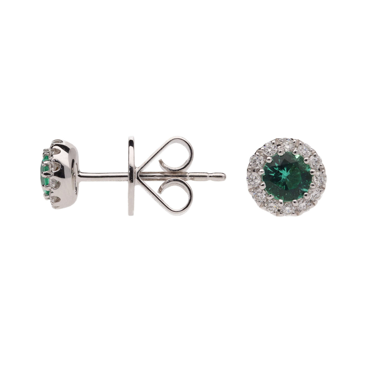 Emerald and Diamond 18ct White Gold Cluster Stud Earrings - Michael Jones Jeweller