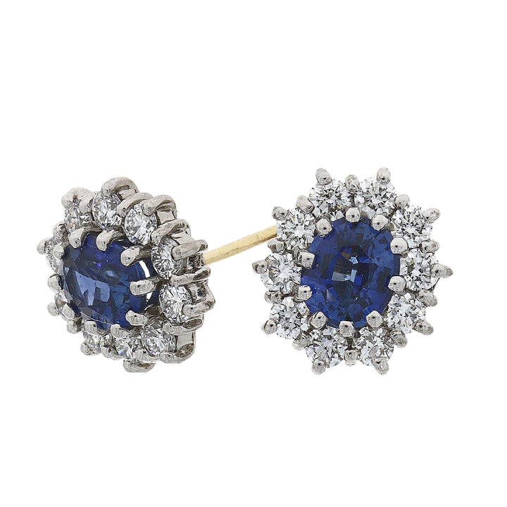 Sapphire and Diamond Oval 18ct White Gold Cluster Stud Earrings - Michael Jones Jeweller