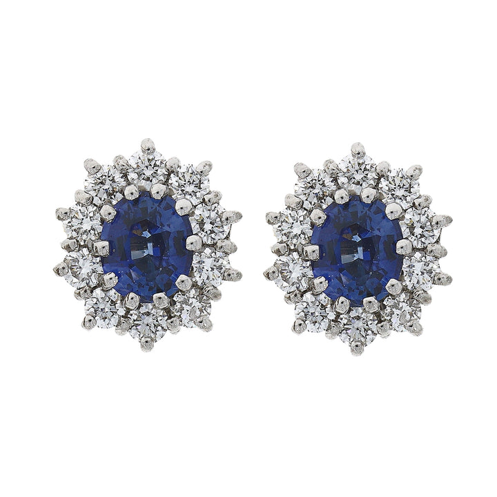 Sapphire and Diamond Oval 18ct White Gold Cluster Stud Earrings - Michael Jones Jeweller