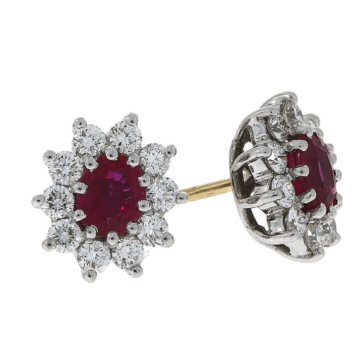 Ruby and Diamond 18ct Yellow Gold Cluster Stud Earrings - Michael Jones Jeweller