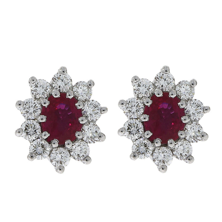 Ruby and Diamond 18ct Yellow Gold Cluster Stud Earrings - Michael Jones Jeweller