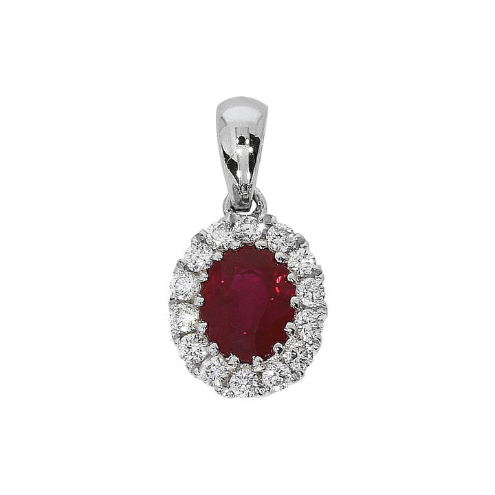 Ruby and Diamond 18ct White Gold Halo Cluster Pendant - Michael Jones Jeweller