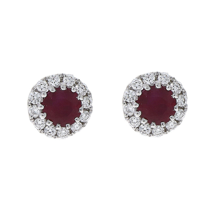 Ruby and Diamond 18ct White Gold Round Cluster Stud Earrings - Michael Jones Jeweller