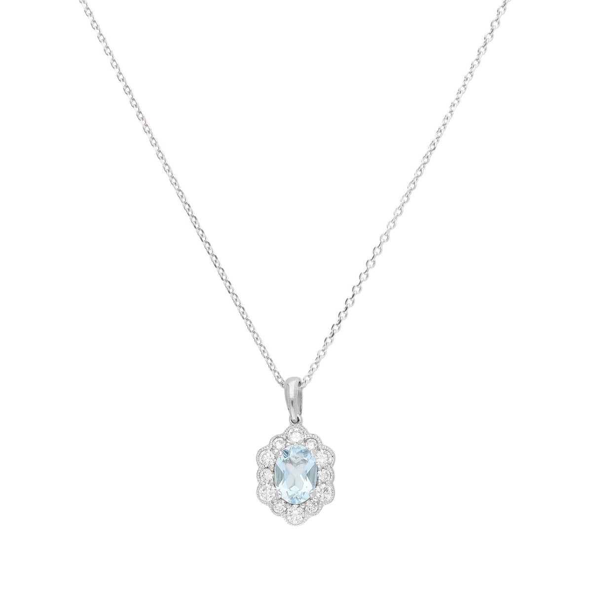 Aquamarine and Diamond 18ct White Gold Cluster Pendant - Michael Jones Jeweller