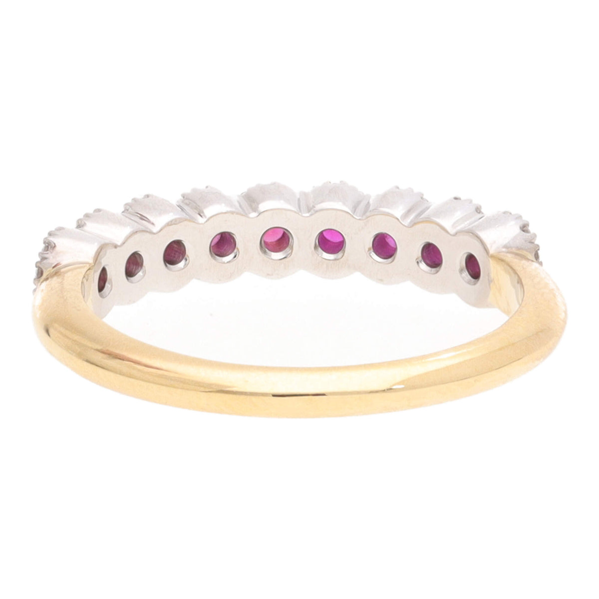 Ruby and Diamond Cluster 18ct Yellow and White Gold Half Eternity Ring - Michael Jones Jeweller